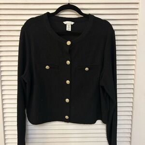 Black Boucle Cardigan with Gold Buttons